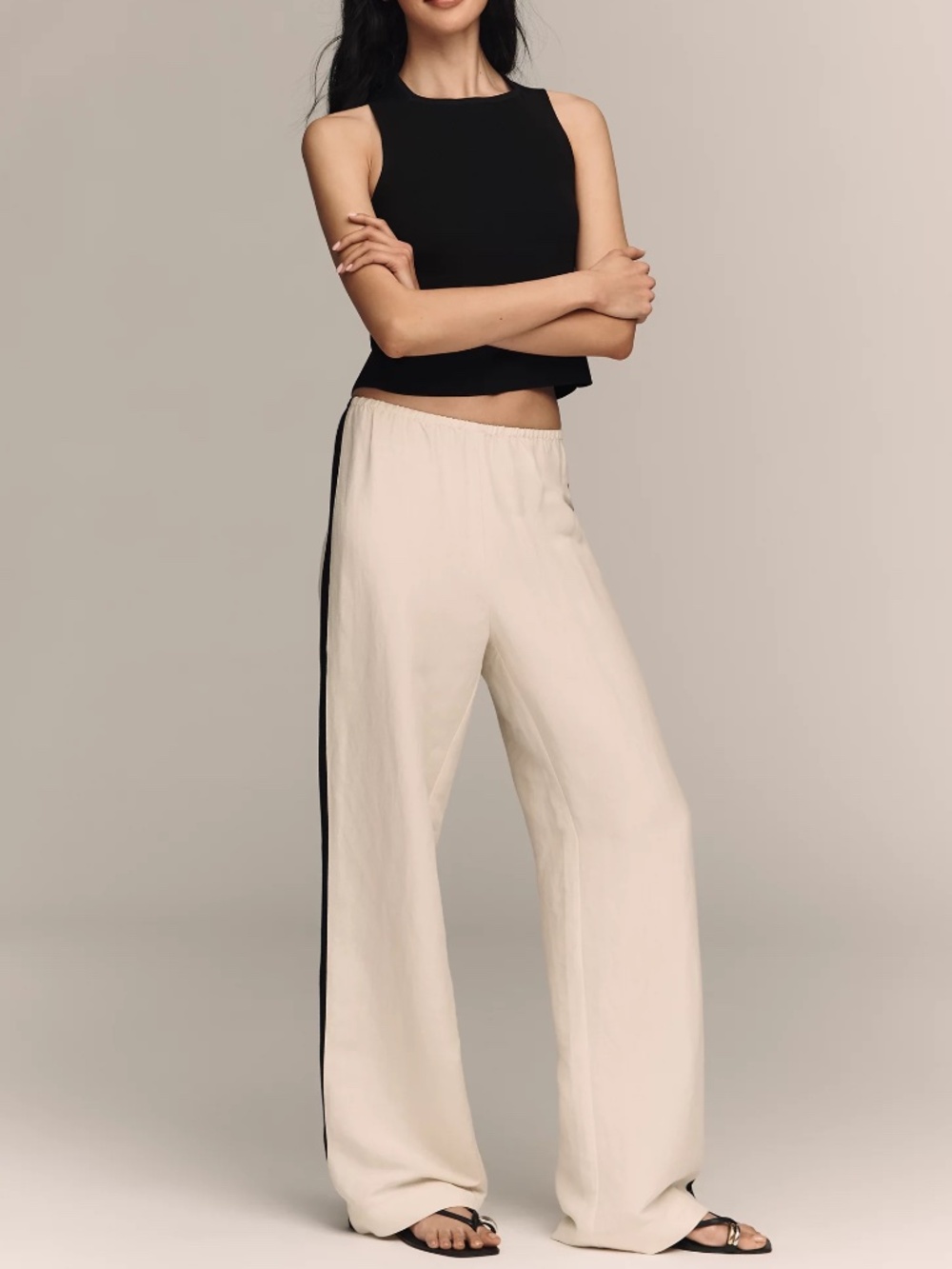 Anthropologie Sanctuary Linen Blend Track Pants Summer Sand/Black nwt size L